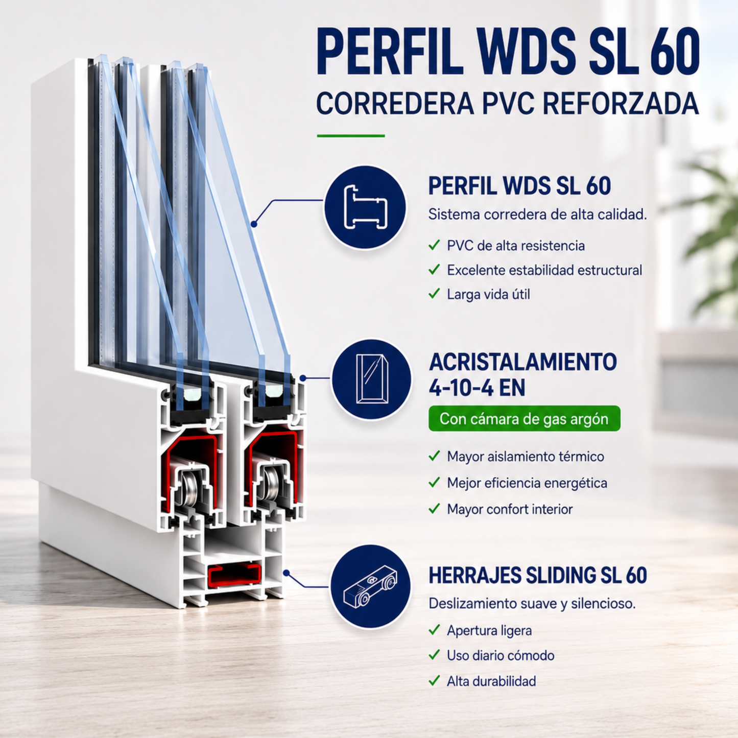 Ventana Corredera PVC Reforzado 1000x1000 Blanca | Transparente