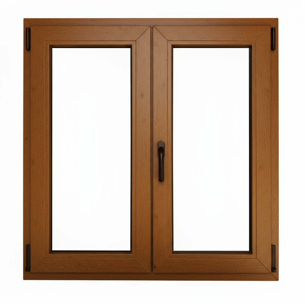 Fenêtre en PVC renforcé 1000x1000 mm, 2 vantaux, chêne doré, oscillo-battante | Transparente